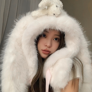 毛绒帽子女冬季兔子耳朵雷锋帽韩版可爱加绒加厚保暖护耳围巾一体