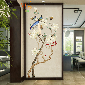 中式18d立体复古花鸟玄关壁纸竖版玉兰走廊过道客厅书房屏风壁画