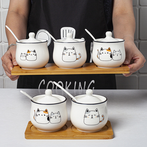 北欧陶瓷家用调味罐套装厨房调味盒组合日式勺盖一体调料罐三件套