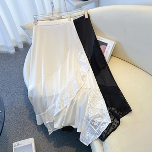 不规则蕾丝拼接半身裙女白色A字伞裙设计感雪纺荷叶边长裙半裙夏