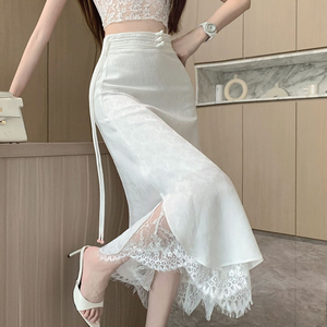 蕾丝拼接醋酸半身裙女夏季2024新款半裙子新中式提花白色包臀长裙