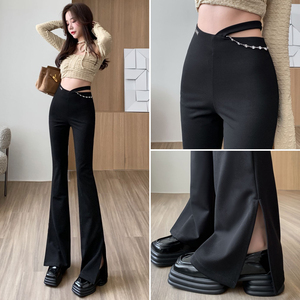 春天裤子女性感镂空开叉微喇叭裤链条高腰修身显瘦弹力黑色西装裤