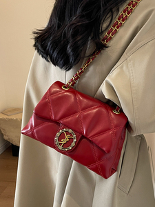 香港代购新娘红色结婚包包女士高级质感单肩包女菱格链条斜跨包女