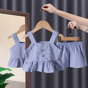 女童两件套夏季新款韩版洋气时尚吊带娃娃衫儿童纯棉格子短裤套装