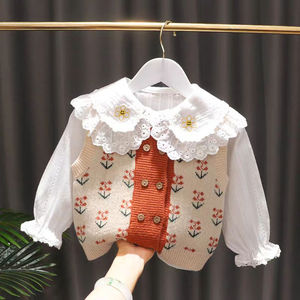 女童纯棉打底开衫婴儿娃娃领春秋装1-8岁女宝宝刺绣长袖衬衫上衣
