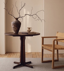 中式柚木实木圆形餐桌侘寂风日式客厅圆桌子民宿设计师洽谈咖啡桌