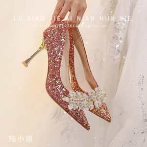 中式秀禾婚鞋女2024春季新款禾秀婚纱两穿红色水晶结婚新娘高跟鞋
