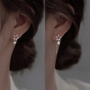925银镂空星星耳钉女简约镶钻流苏五角星耳环不对称耳饰