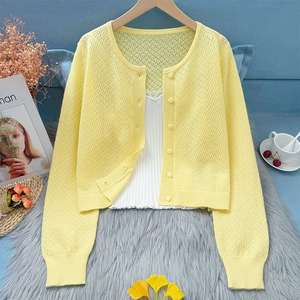 针织开衫女春夏短款黄色镂空提花外搭空调外套薄款外穿马海毛毛衣