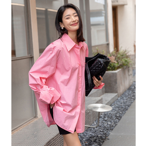 粉色衬衫女2024新款夏季设计感高级感中长款长袖上衣别致防晒衬衣
