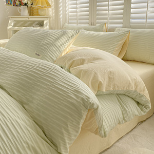 泡泡纱床单被套四件套床上用品公主风小清新暖色系列单人床三件套