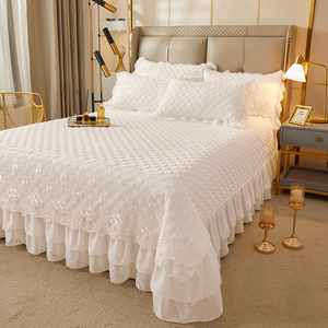 定制A类亲肤床盖三件套夹棉加厚蕾丝花边床单15m18米公主韩式床品