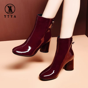 YTYA漆皮短靴女粗跟2023秋冬酒红色高跟真皮女士靴子圆头马丁靴女