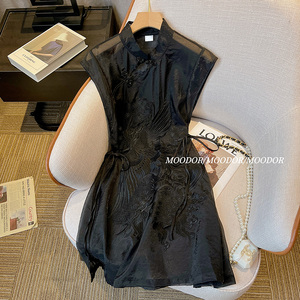 黑色新中式国风重工连衣裙2024新款女夏季改良旗袍刺绣高级感裙子