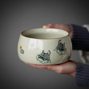 蜜合釉福虎茶洗建水家用陶瓷创意小老虎功夫茶具储水盂杯洗茶渣缸