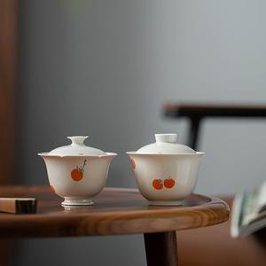 草木灰三才盖碗茶杯手工创意釉上彩柿柿如意复古风陶瓷家用泡茶碗