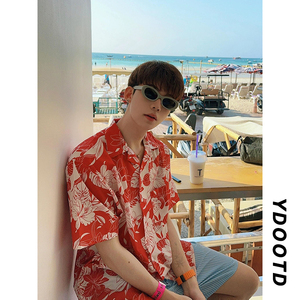 复古红色满印花衬衫短袖男夏季中国风小众情侣沙滩t恤宽松半截袖
