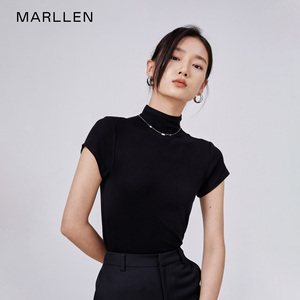 Marllen 热销过万件 黑色短袖高领t恤女撞色高弹小众设计显瘦上衣
