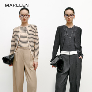Marllen 热销过万羊毛米色条纹内搭基础针织两件套女薄款长袖开衫