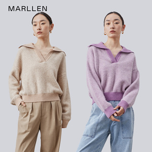 Marllen高端羊驼毛混纺 同色系撞色设计 v字大翻领套头针织衫毛衣