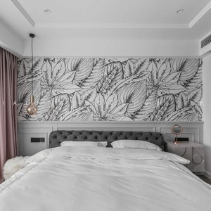 法式现代时尚黑白树叶背景墙纸黑灰白芭蕉叶壁画卧室客厅无缝墙