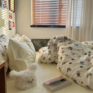 韩式卡通混搭床单四件套纯棉全棉床笠被套被罩宿舍床品床上三件套