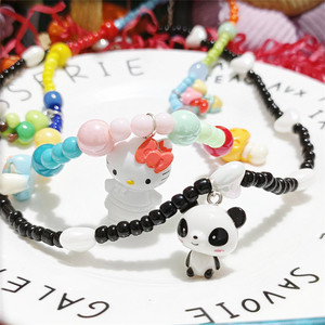 童趣可爱卡通kitty猫咪陶瓷熊猫panda吊坠串珠短款项链颈链锁骨链