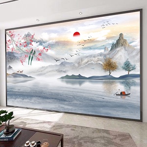 中式电视背景墙壁纸自粘客厅影视墙壁画沙发贴画玉兰山水花鸟墙布