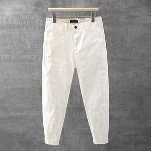 白色休闲裤男士夏季高级感直筒宽松纯棉弹力潮流小脚牛仔长裤子