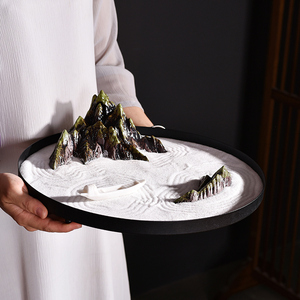 中式禅意圆形沙盘枯山水造景摆件创意圆桌茶室桌面陶瓷软装饰品