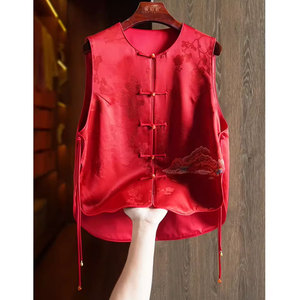 新中式女装中国风刺绣马甲上衣春装2024新款气质红色坎肩背心外套