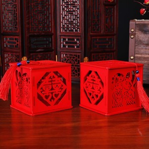 木质高档结婚喜糖盒创意镂空中式婚礼包装盒红色小号方形礼品盒子