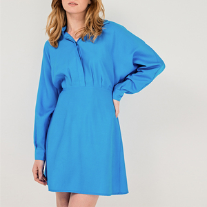 专柜同款出口美国法式蝙蝠袖收腰连衣裙春气质长袖高级感衬衫蓝色