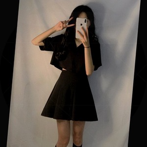 炸街短袖衬衫套装女夏季新款学生韩版黑色上衣高腰显瘦短裙两件套