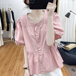 纯棉圆领宽松短袖衬衫女2023韩版夏装减龄上衣复古纯色系带娃娃衫