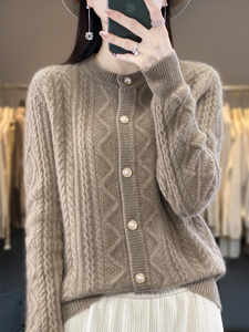 100%纯羊毛开衫女秋冬新款加厚宽松大码短款减龄针织衫毛衣外套