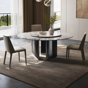 圆形餐桌椅组合亮光岩板10人餐台现代家用大理石圆桌定制高端饭桌