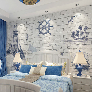 地中海灯塔航海砖纹卡通卧室背景墙布壁画儿童房男孩床头墙纸