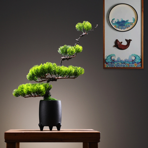 新中式仿真迎客松盆景样板房间客厅玄关餐厅轻奢花瓶盆栽创意摆件
