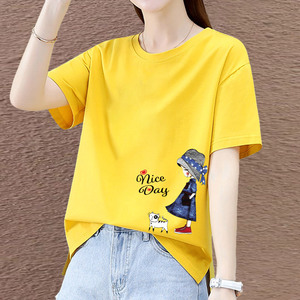 黄色纯棉短袖T恤女2024夏季新款大码宽松半袖体恤圆领印花上衣潮
