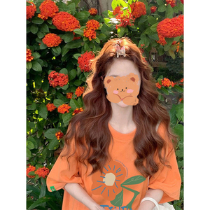 妮拉斯软糯奶系橘色短袖t恤女2024夏季宽松趣味印花美式甜辣上衣