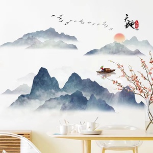 2023中国风墙贴画壁纸水墨山水画客厅卧室背景墙新中式装饰自粘画
