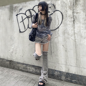 ARIADNAW原创短裤微喇腿套套装灰色流苏不规则朋克亚文化涩谷夏女