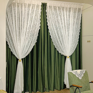 初尘.轻奢新款法式复古绿色丝绒窗帘卧室客厅钉珠白色窗纱帘遮光