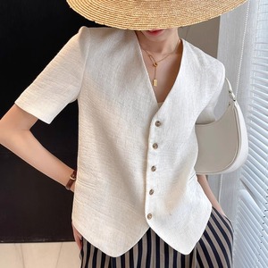 白色小香风v领短袖西装外套女2024夏季高级感外搭显瘦小个子上衣
