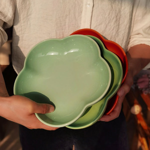敲美的色彩。渐变糖果色花形陶瓷深盘/薄荷绿盘子家用餐盘 21cm