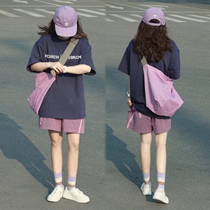 运动套装女夏2024新款短袖短裤跑步服韩版学生纯棉宽松休闲两件套