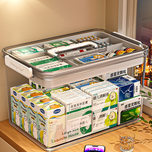 手提透明药箱家用药物收纳盒家庭装大容量多层便携式医疗小药盒子