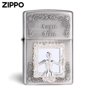 打火机正版Zippo天使魔鬼镜中人美女骷髅银镜框贴章防风煤油收藏