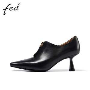 fed黑色高跟鞋女秋季新款女鞋细跟尖头法式单鞋女裸靴830-YA369
